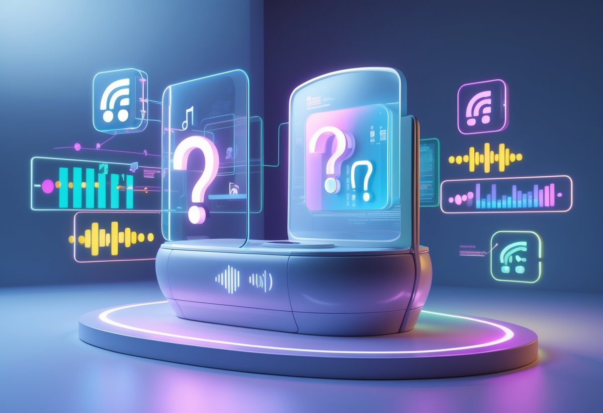A 3D scene showing a futuristic digital kiosk with floating holographic panels featuring question marks and sound waveforms, surrounded by glowing audio and visual icons.