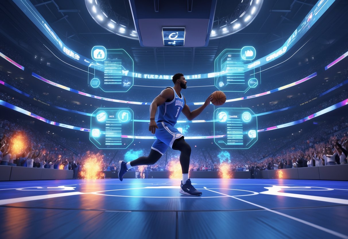 A sports arena filled with a cheering crowd and a key athlete making a decisive play, surrounded by glowing abstract visuals representing impact and rankings.