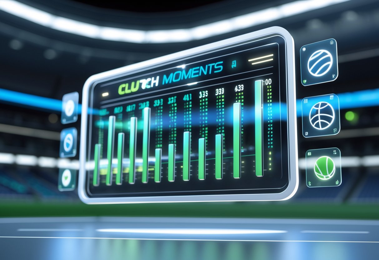 A 3D scene showing a futuristic sports scoreboard with glowing bars and holographic sports icons in a stadium setting.