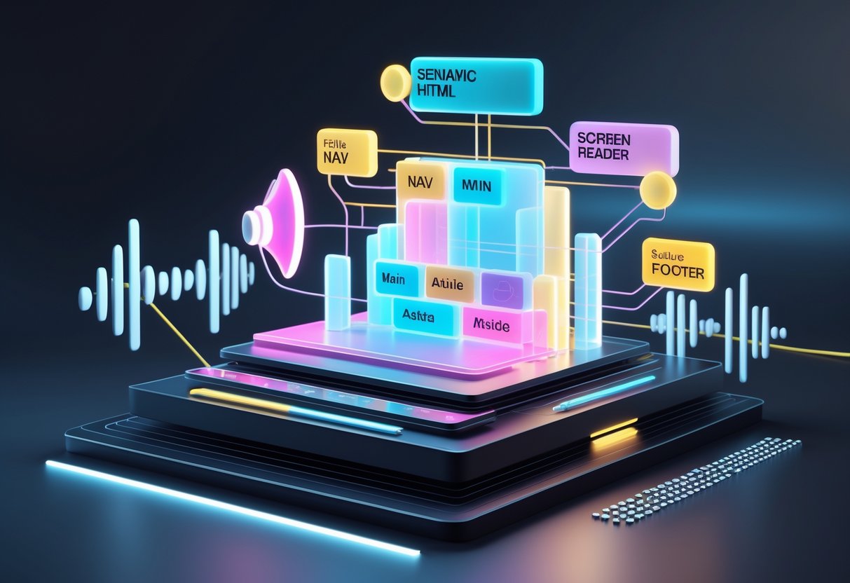 A 3D visual showing a layered webpage structure with highlighted sections and icons representing screen reader technology around it.