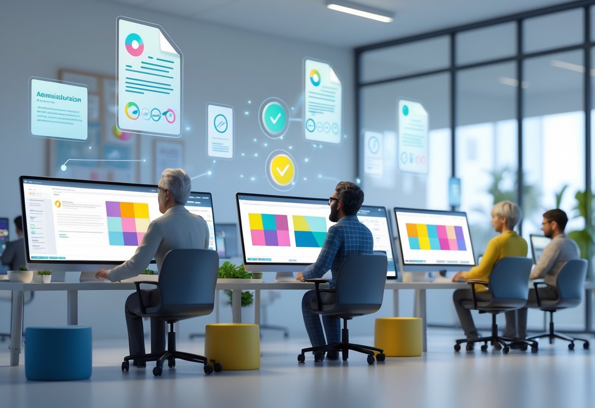 A modern office scene showing diverse people using computers with colourblind-friendly user interfaces and floating icons representing legal and accessibility standards.