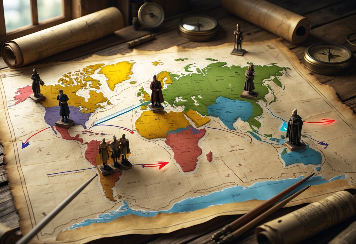 A 3D scene of an ancient map on a wooden table with miniature figures and arrows showing changes in regional power over time.