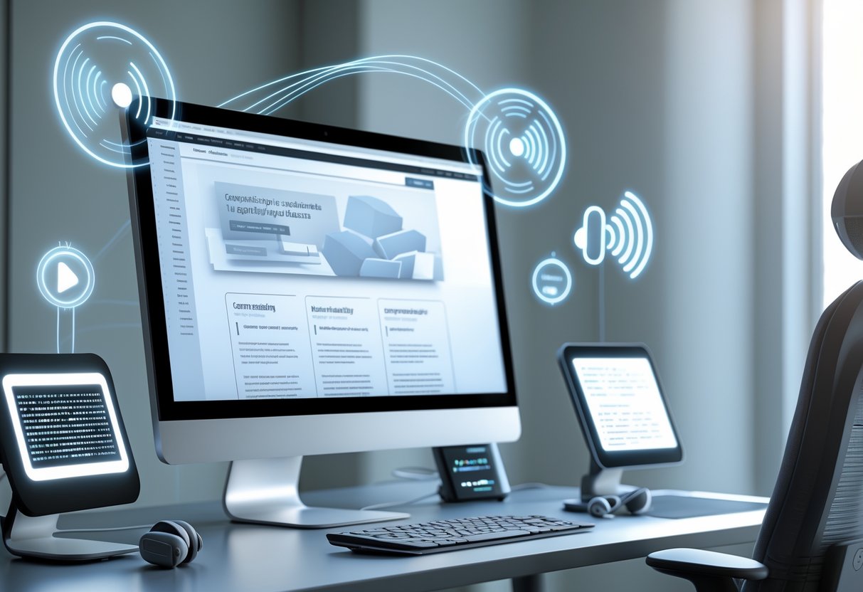 A digital workspace with a computer and assistive devices illustrating screen reader compatibility and alternative text concepts.