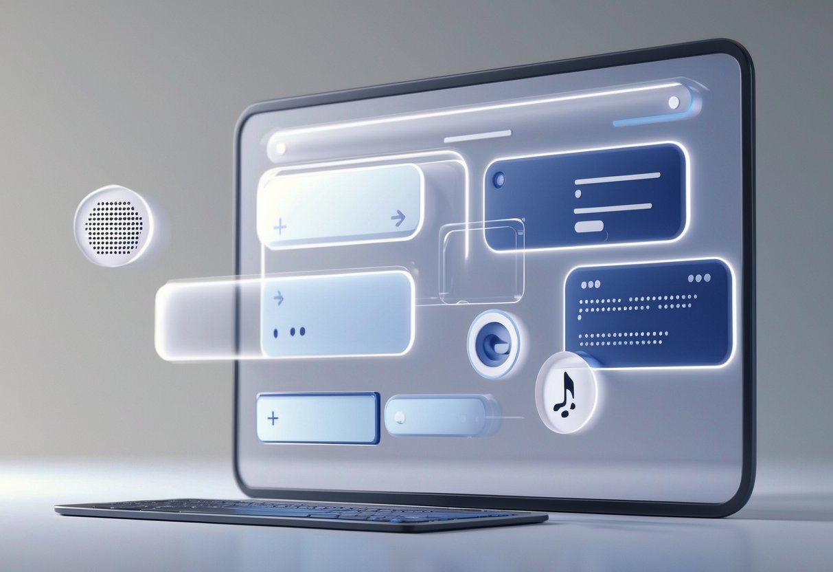 A 3D digital interface showing highlighted interactive buttons and navigation elements with icons representing screen reader features.