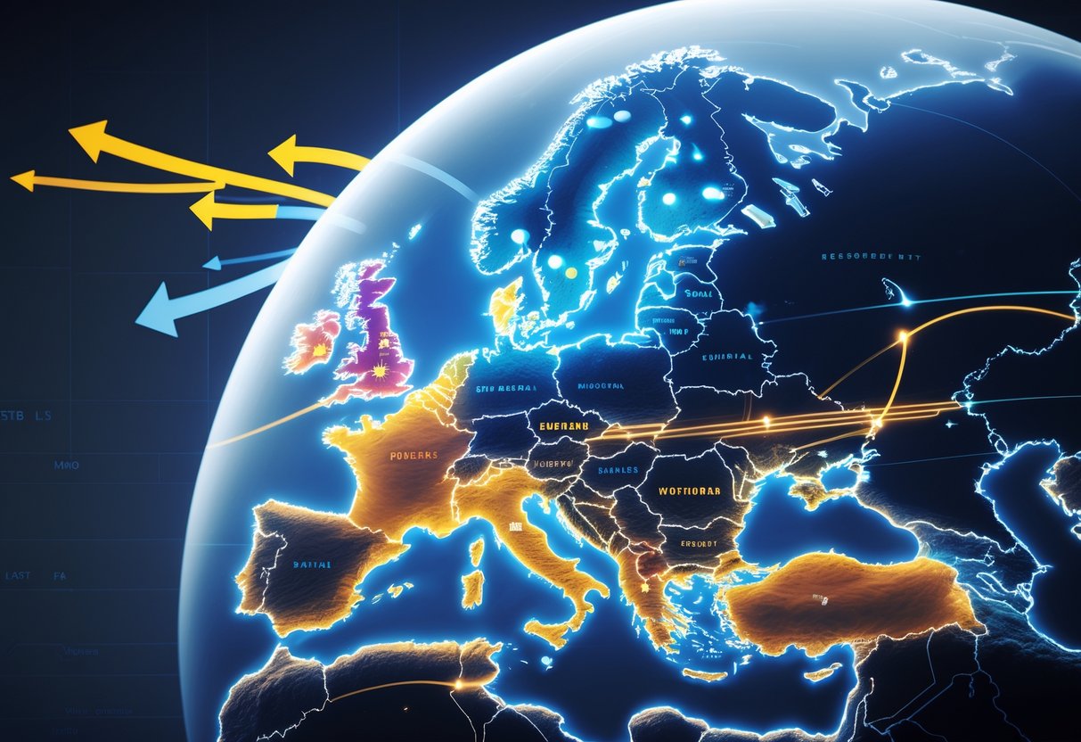 A 3D map of Europe showing changing areas of influence with glowing regions and arrows indicating shifts in regional dominance.