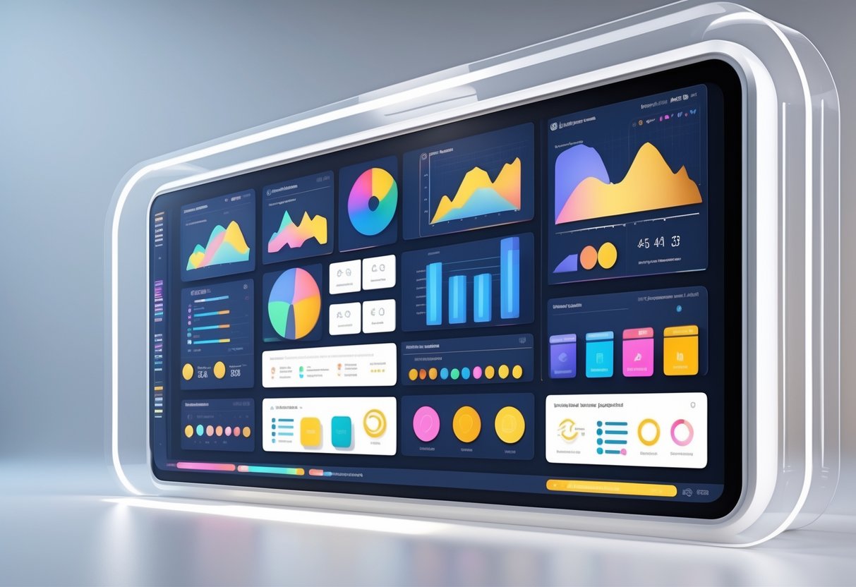 A 3D scene showing a user interface dashboard with charts and controls designed for colourblind accessibility, featuring high-contrast colours and clear shapes.