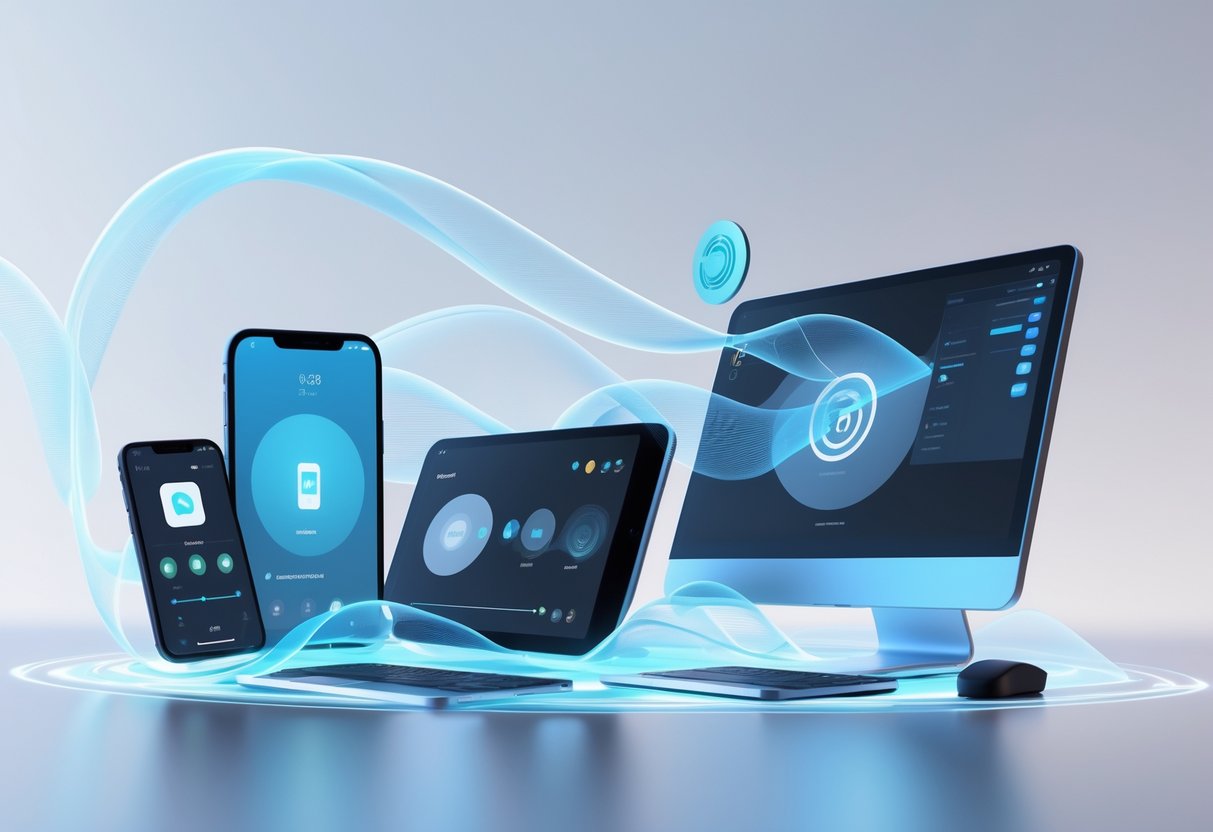 A 3D scene showing a smartphone, tablet, laptop, and desktop computer connected by glowing waves to represent screen reader compatibility across different devices.