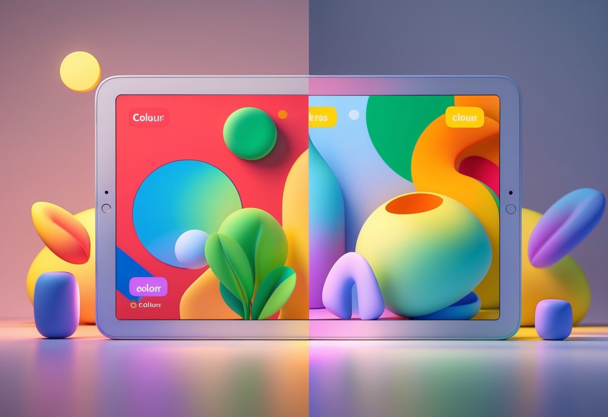 A digital device screen split in two, showing the same graphic in normal colours on one side and colourblind mode adjusted colours on the other side.