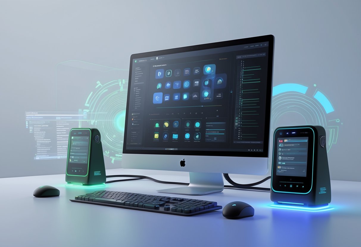 A workspace with a computer and a screen reader device showing a user interface and audio signals representing screen reader compatibility testing.