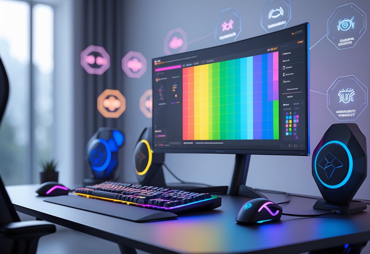 A futuristic gaming setup with a monitor showing a game interface using colour-blind friendly colours and gaming accessories illuminated with adjustable lighting.