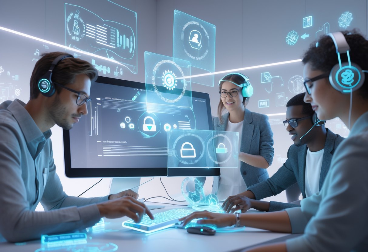 A modern workspace showing people using assistive technology with holographic screens and icons representing audio and accessibility tools.