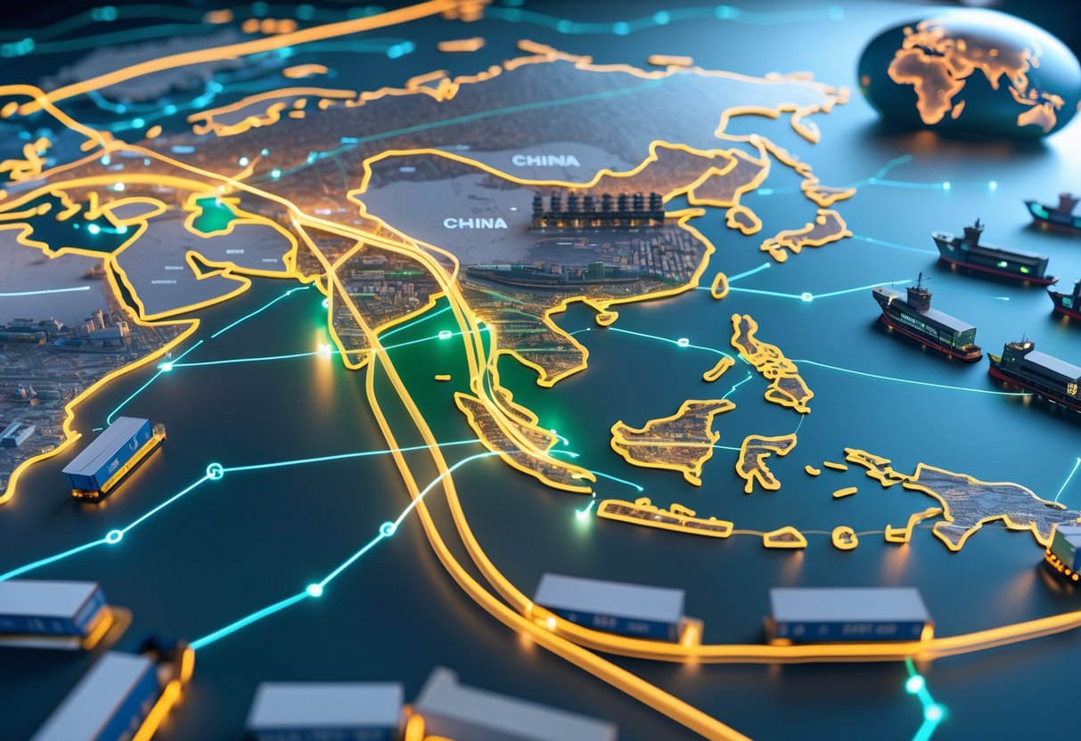 A 3D map showing trade routes and infrastructure projects connecting China with Asia, Africa, and Europe, highlighting regional economic connections and development.