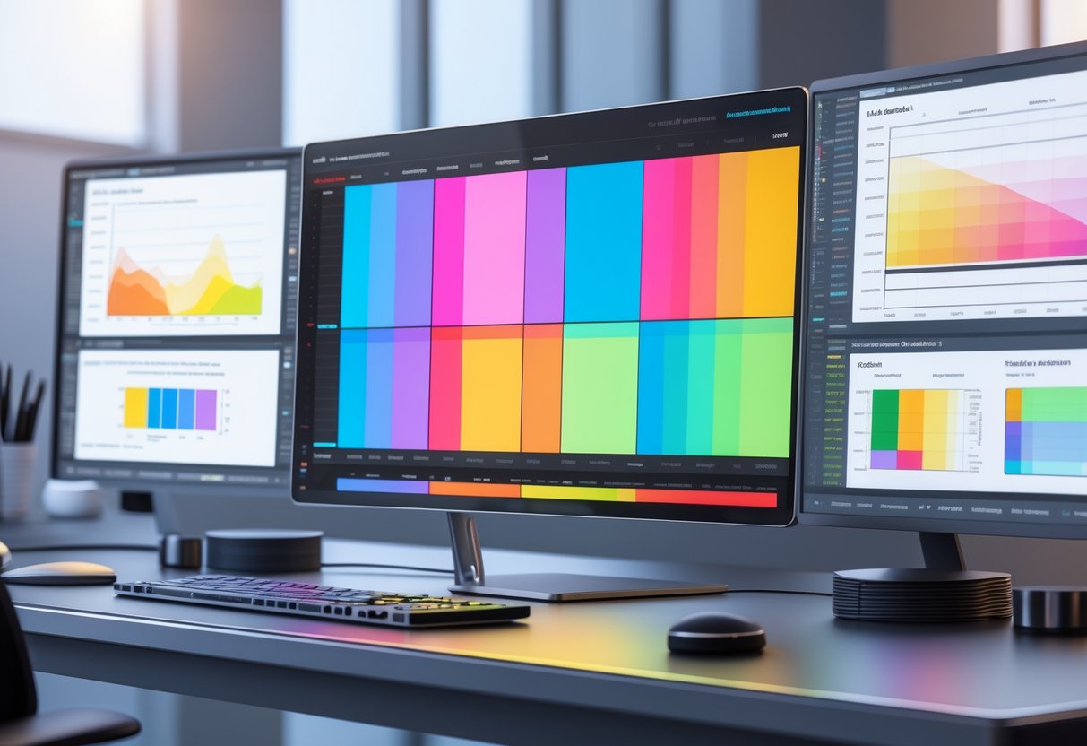 A digital workspace showing a computer screen with different colour palettes and accessibility tests for colourblind vision.