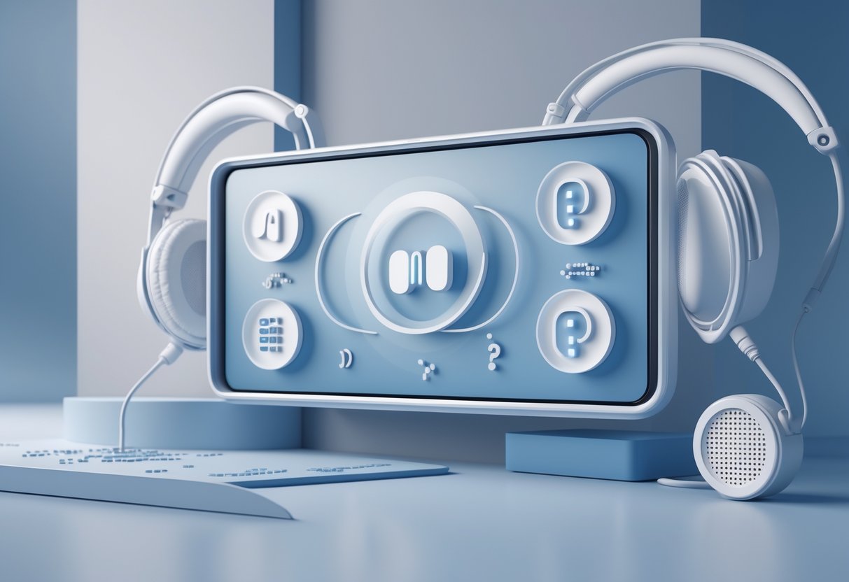 A 3D scene showing a floating digital screen with icons of headphones, sound waves, and question marks, representing accessibility and screen reader compatibility.