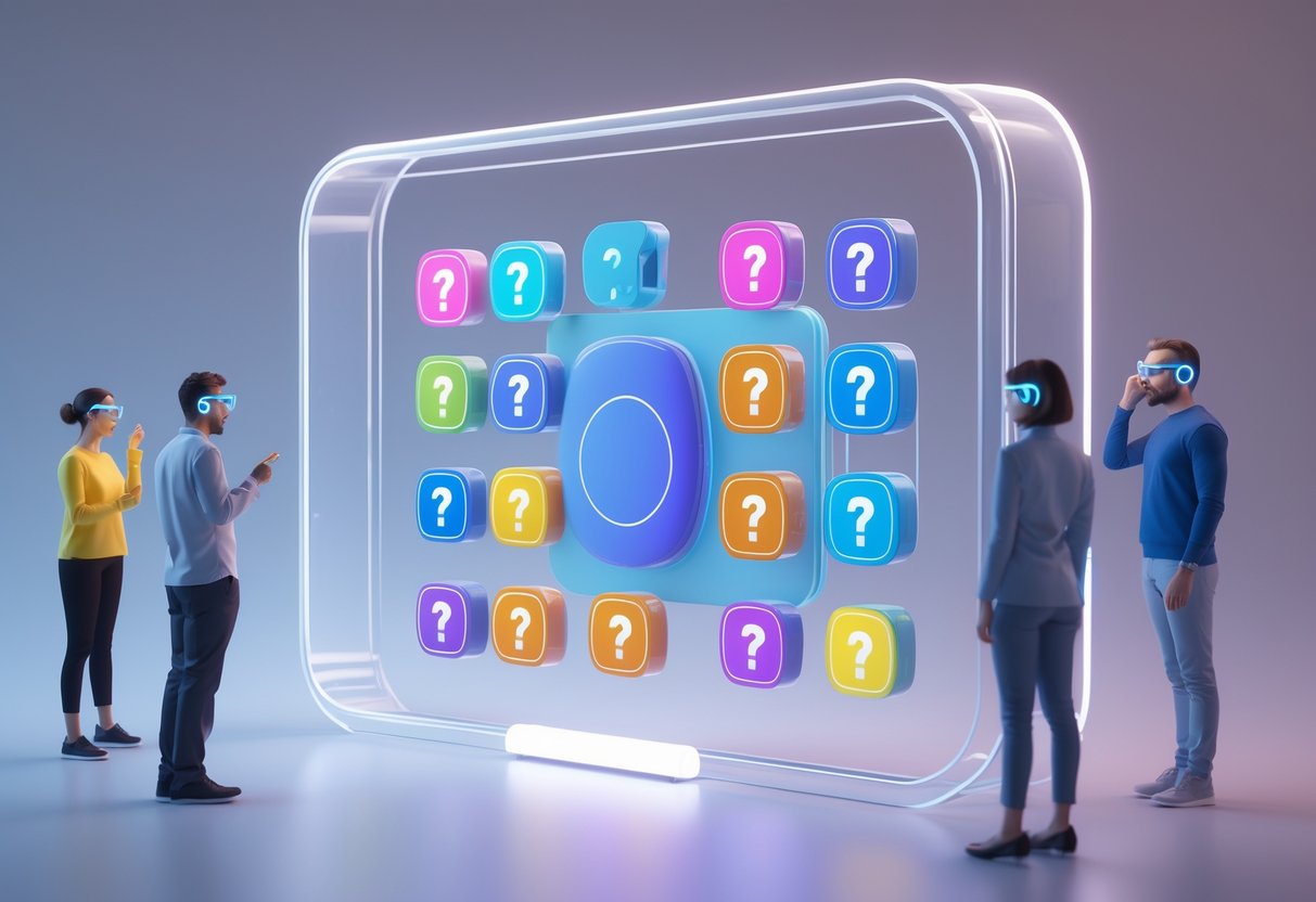 A futuristic digital help desk interface with colourful icons designed for colourblind accessibility, surrounded by diverse people using assistive devices.