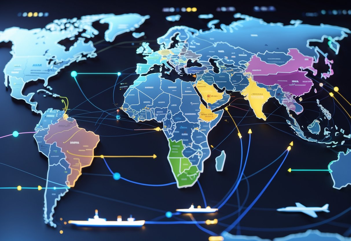 A 3D map showing changing regional alliances and defence partnerships with glowing lines and arrows indicating shifts in power.