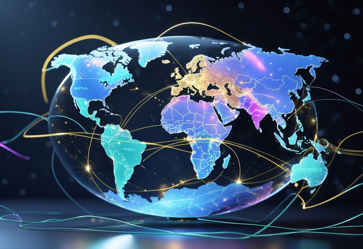 A 3D globe showing different regions with glowing borders and arrows indicating shifting power and connections between cities across continents.