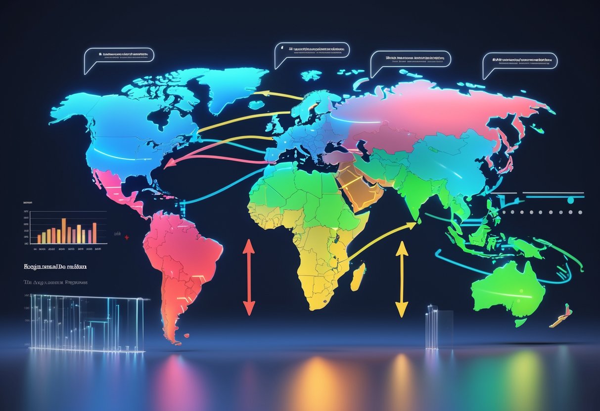 A 3D world map showing arrows and coloured regions indicating changes in regional dominance and influence.