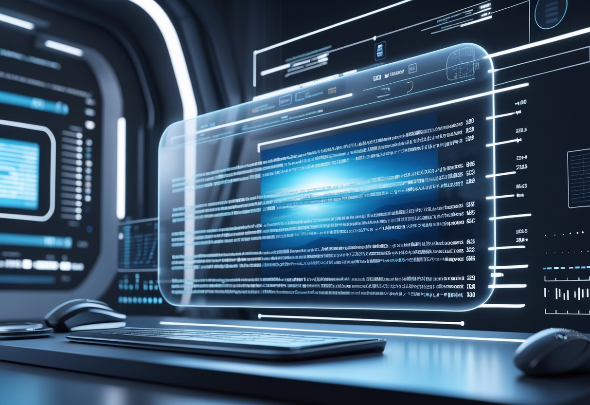 A 3D scene showing a futuristic digital workspace with a holographic screen displaying perfectly aligned subtitles beneath a video, surrounded by digital timing and synchronization elements.