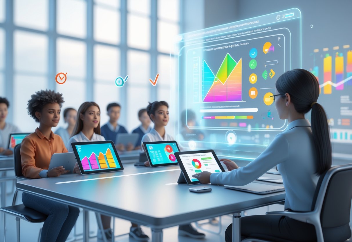 A classroom scene showing students using digital devices and a teacher interacting with a holographic screen displaying real-time assessment data and feedback.