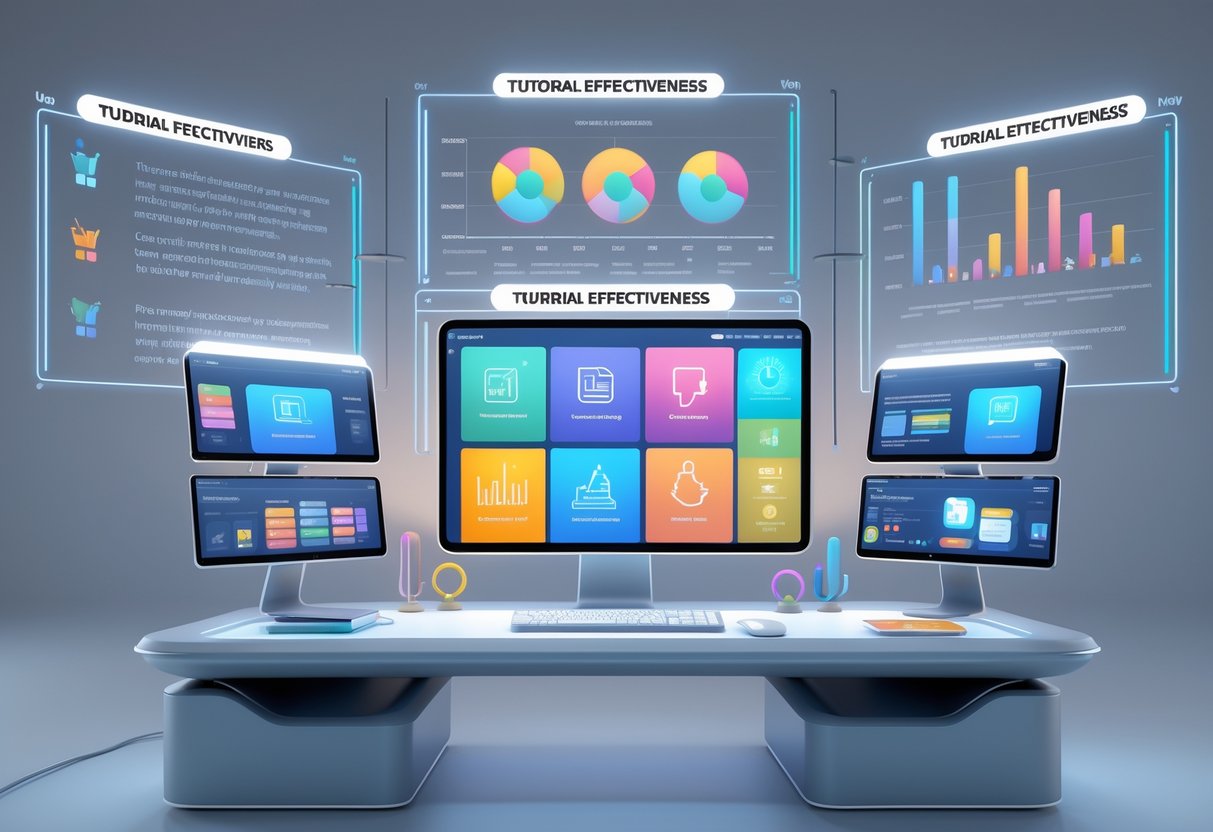 A modern workspace with multiple digital screens and holographic charts showing different tutorial formats and their effectiveness.