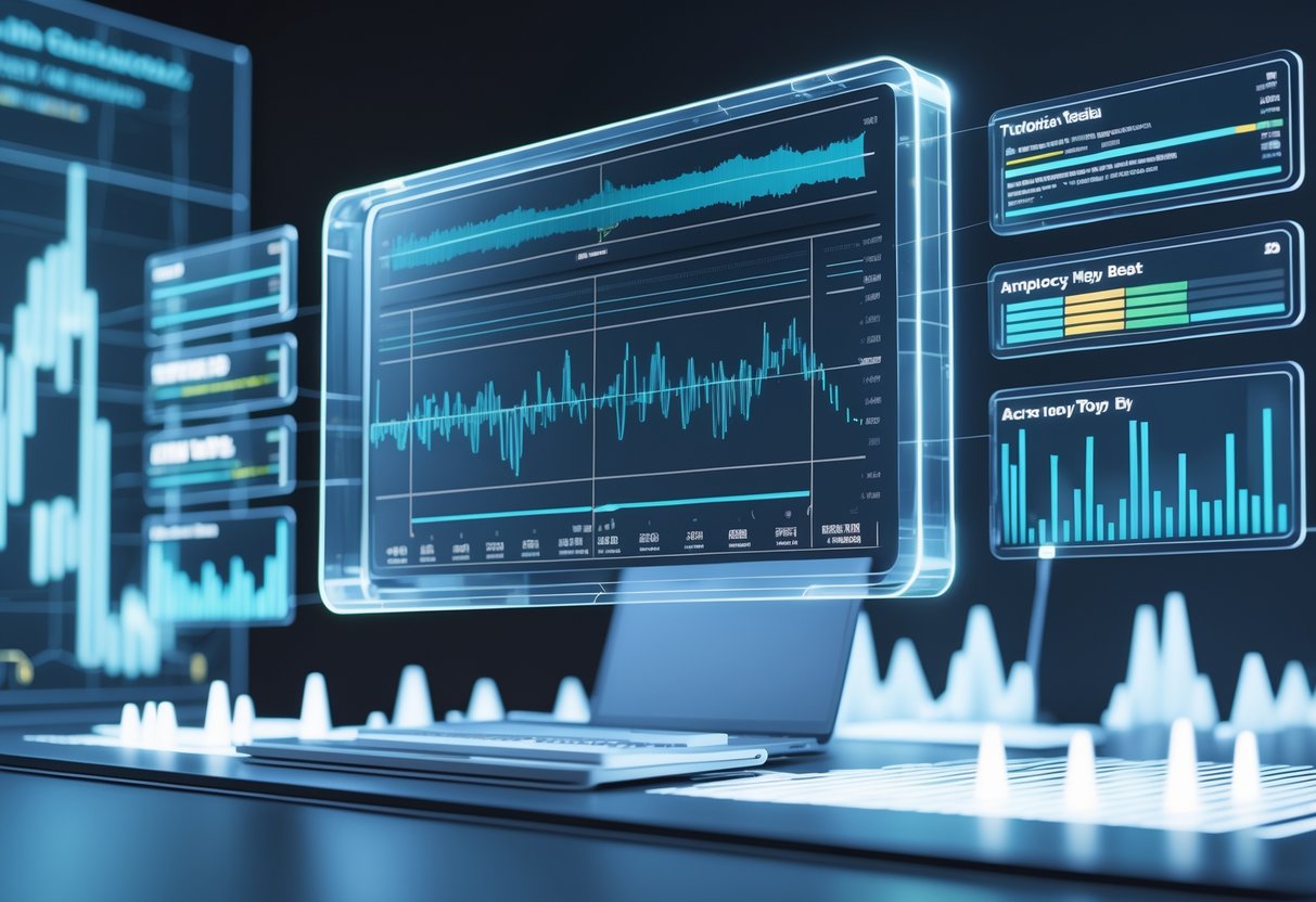 A futuristic digital workspace with holographic displays showing graphs, waveform visualisations, and progress bars representing subtitle accuracy evaluation.