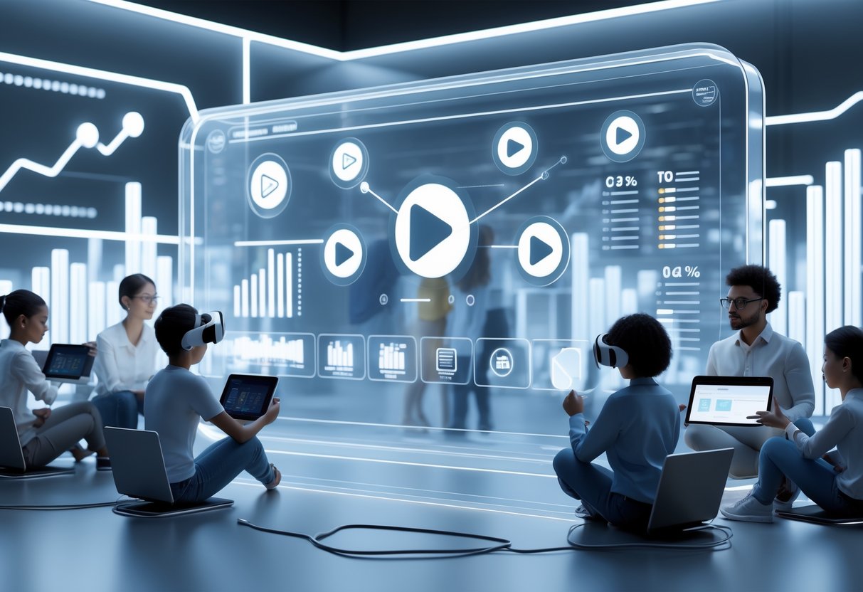 A digital learning space showing diverse people interacting with floating video tutorial icons and data charts representing learning progress.