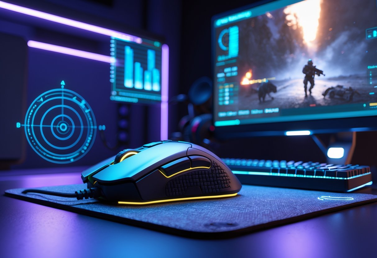 A one-handed gaming setup with an ergonomic mouse, compact keyboard, holographic performance displays, and a monitor showing a shooter game in a dimly lit room.