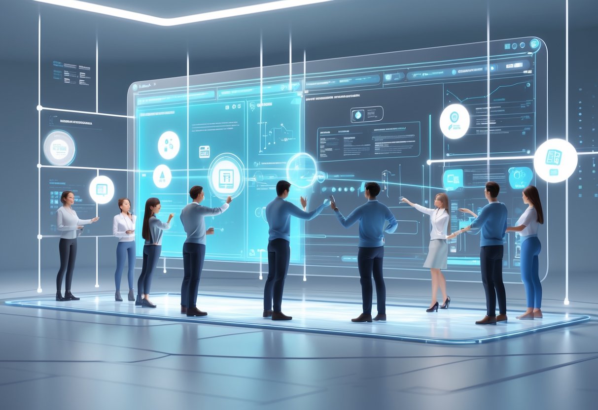 A group of people interacting with floating holographic screens and 3D models in a futuristic digital workspace, demonstrating an interactive learning environment.