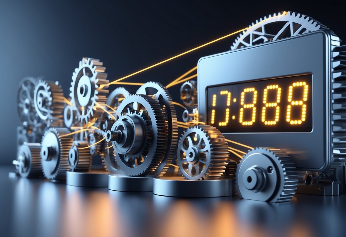 A 3D scene showing interconnected gears rotating smoothly alongside a digital clock display, connected by beams of light to represent precise timing and synchronisation.