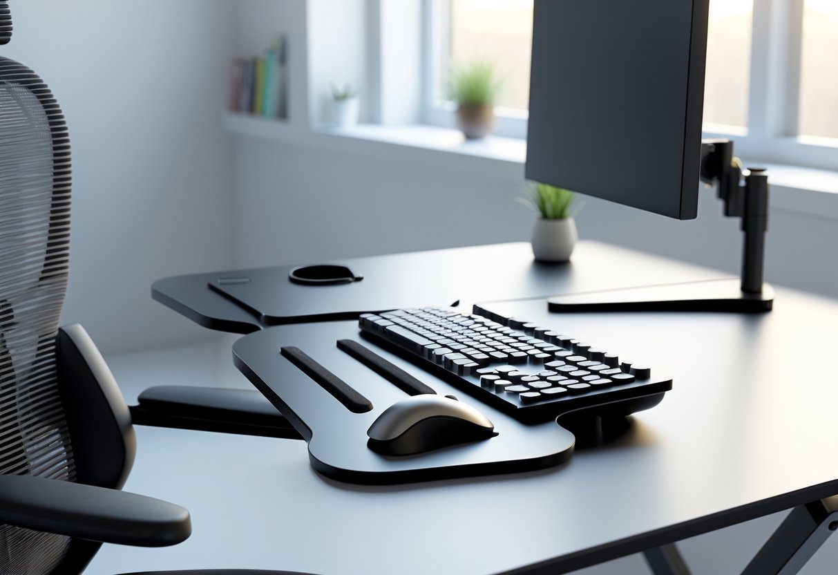 A 3D rendered ergonomic workstation with a one-handed keyboard and mouse setup on a desk, featuring a supportive chair and natural lighting.