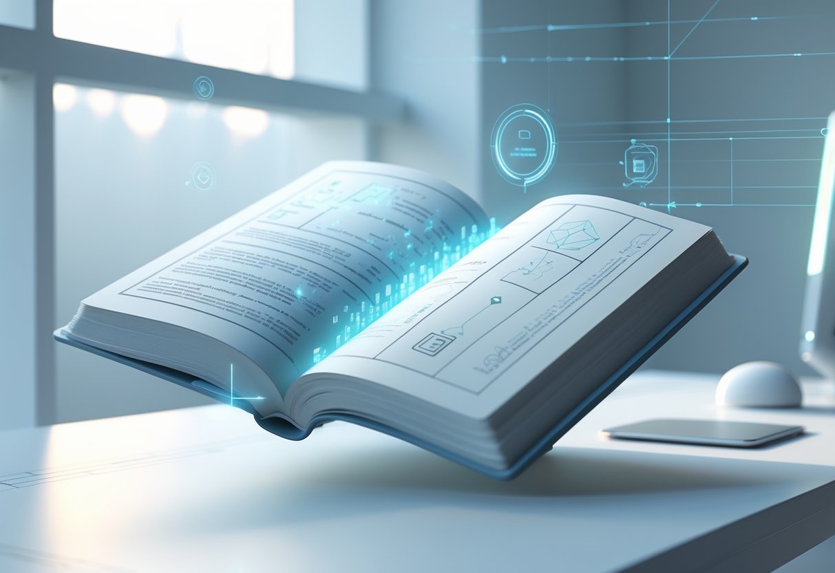 An open book floating above a desk with glowing holographic elements around it, set in a bright workspace with soft natural light.