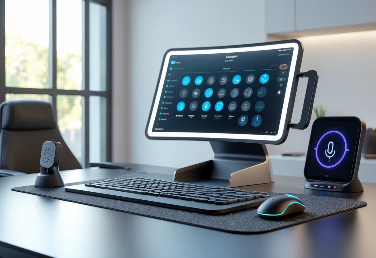A 3D rendered workspace showing assistive technology devices arranged for one-handed use, including a specialised keyboard, ergonomic mouse, monitor, and smart speaker on a tidy desk.