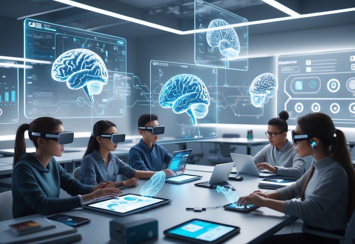 A group of students interacting with floating digital screens and holograms in a futuristic classroom focused on deep learning and knowledge retention.