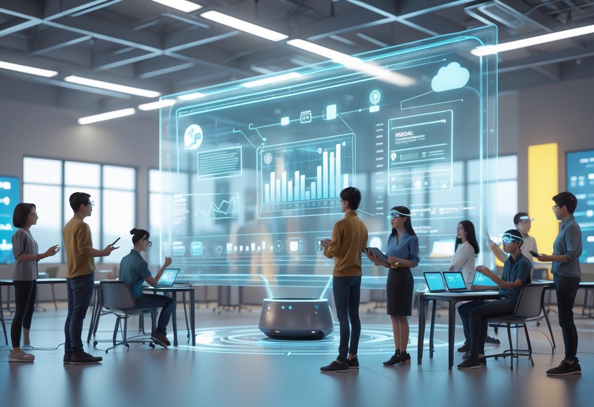 A futuristic classroom with students using digital tablets and smart glasses around a large holographic display showing interactive educational content, assisted by a robotic helper.
