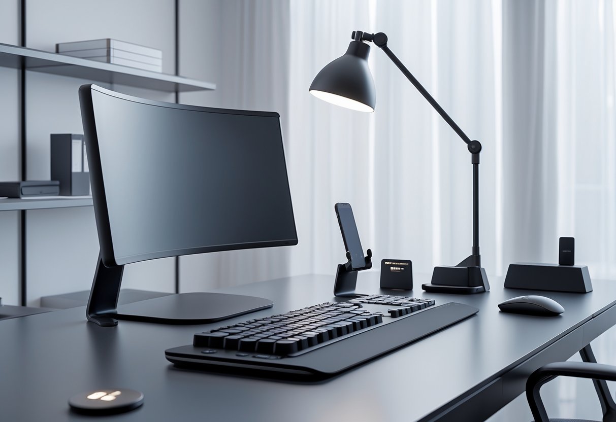 A modern workspace setup designed for one-handed use, featuring a curved monitor, one-sided keyboard, vertical mouse, ergonomic chair, and natural lighting from a window.