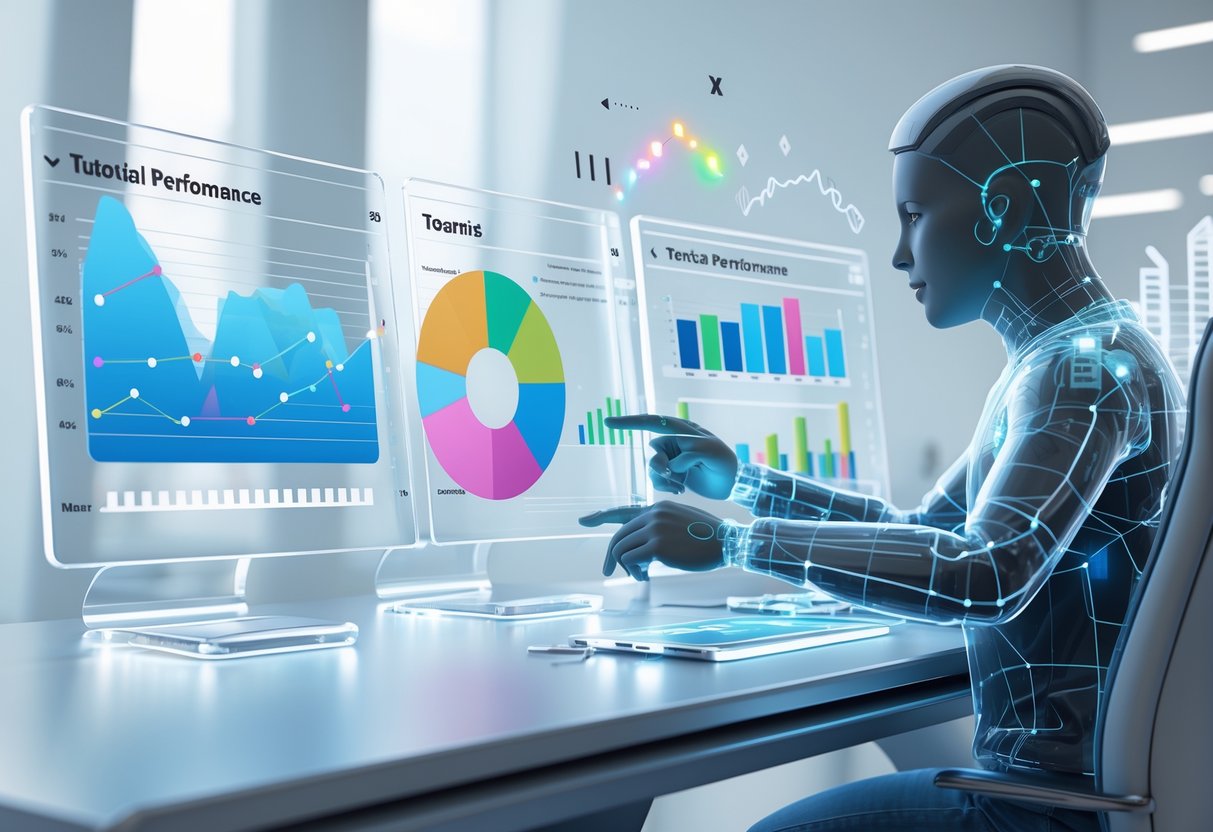 A person interacting with holographic screens showing graphs and charts that track tutorial performance and improvement over time in a modern workspace.