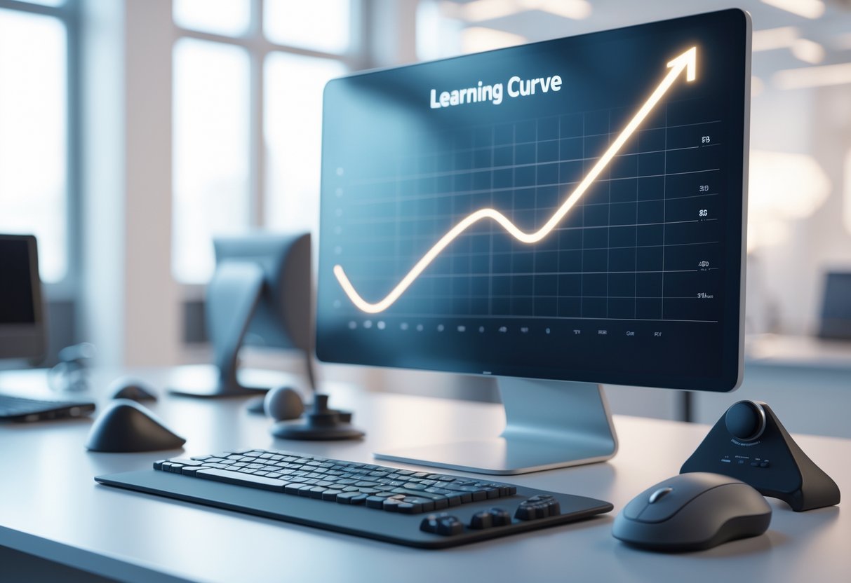 A workspace with one-handed computer devices next to a digital screen showing a learning curve graph with adjustment points.