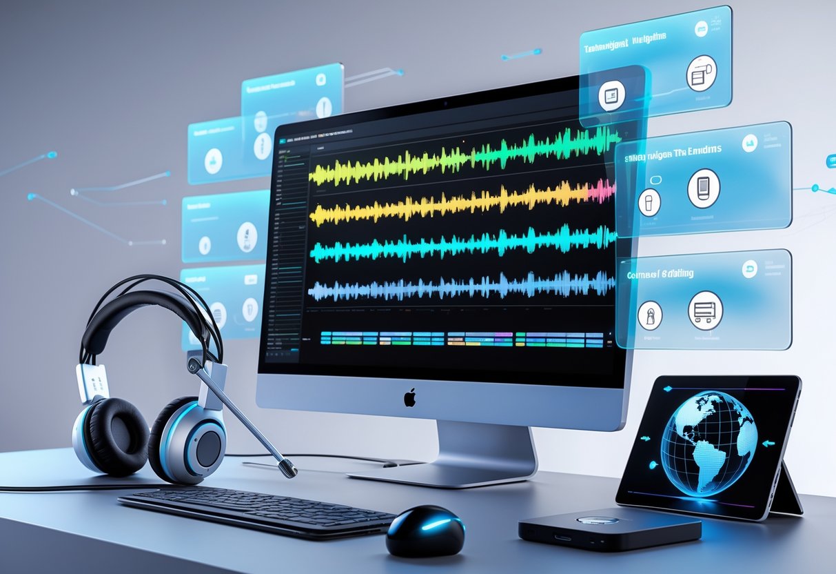 A 3D scene showing a computer setup with audio waveforms and subtitle segments, surrounded by holographic panels and translation icons, representing transcription and translation for subtitles.