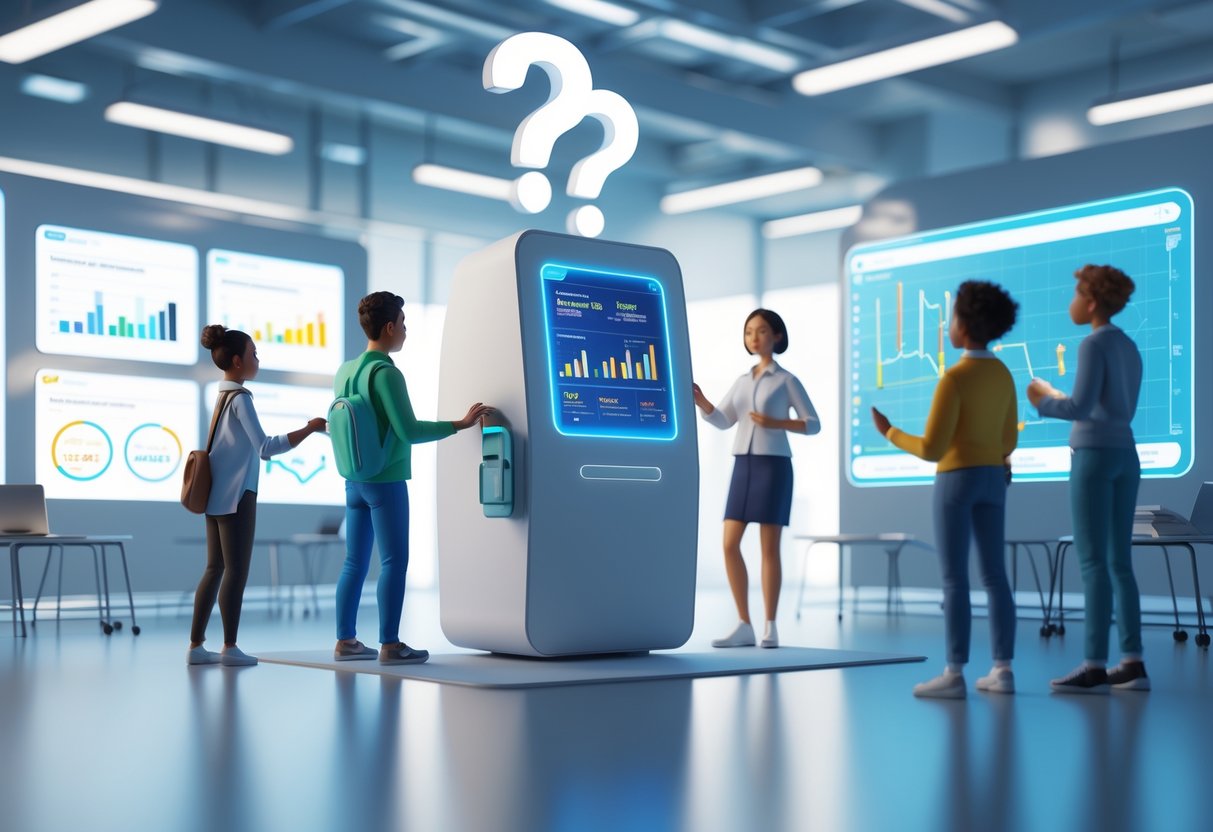 A 3D scene of people interacting with digital screens and holograms in a modern learning space focused on tutorials and FAQs.
