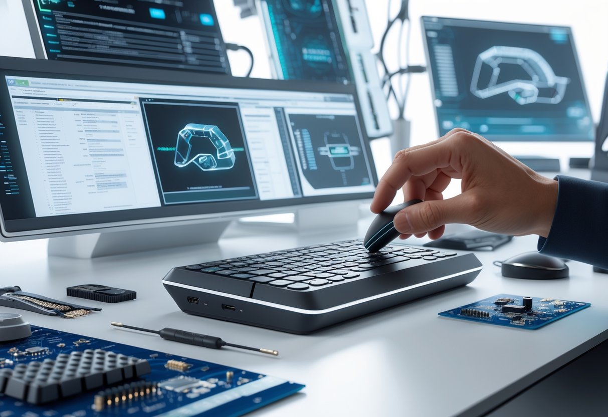 A technician working with a one-handed keyboard and mouse setup on a desk with tools and holographic diagnostic screens in the background.
