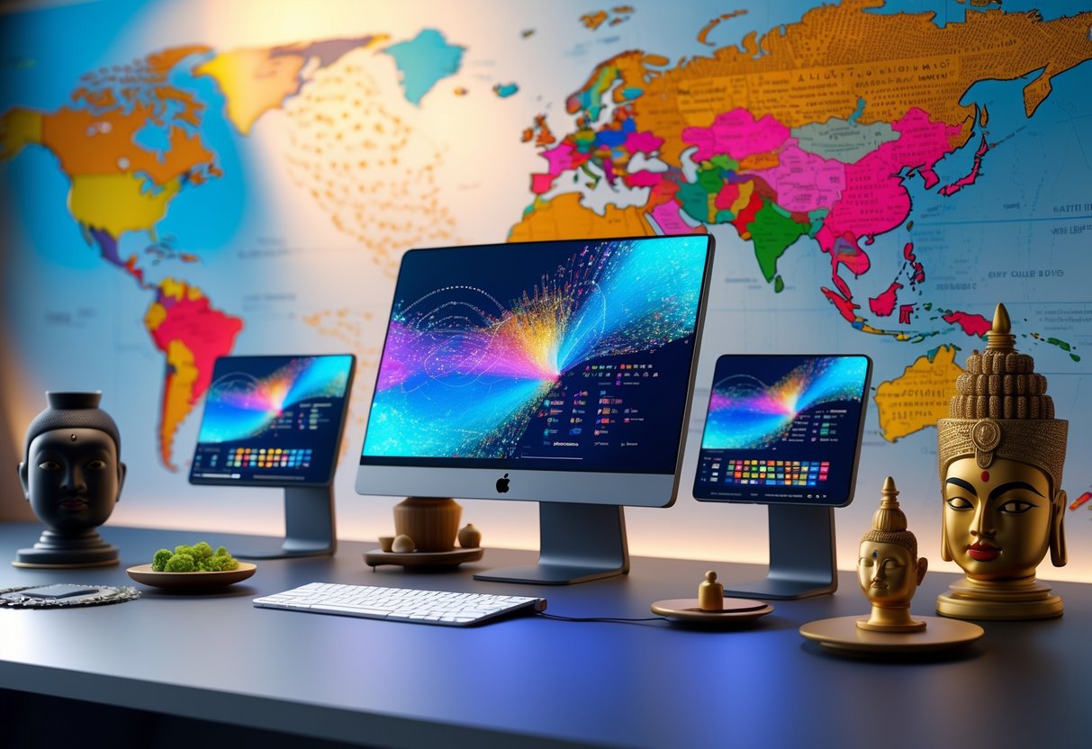 A modern workspace with digital screens showing colourful cultural symbols, surrounded by traditional artefacts from different cultures and a detailed world map on the wall.