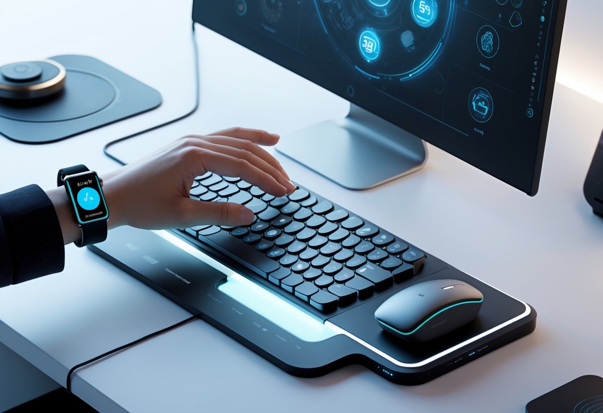 A futuristic workspace with a one-handed keyboard, vertical mouse, and holographic display showing interactive icons, designed for single-hand use.