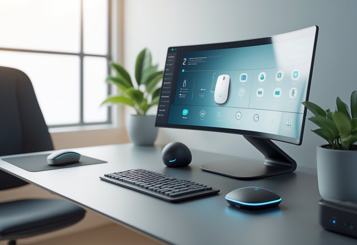 A modern workspace with a desk, one-handed keyboard and mouse, curved monitor, office chair, and a small plant.