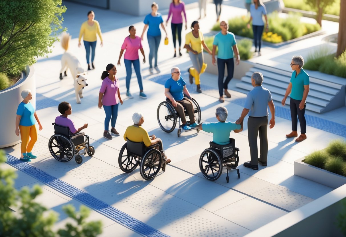 A group of diverse people with different abilities interacting together in a welcoming outdoor space with ramps, tactile paving, and greenery.