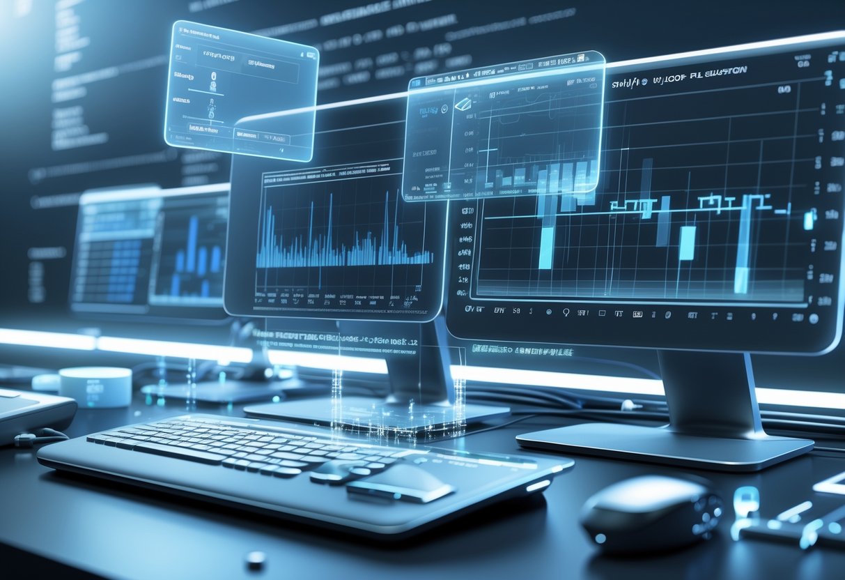 A 3D scene of a modern computer workspace with holographic screens showing waveform graphs and subtitle timing grids, highlighting subtitle accuracy tools.