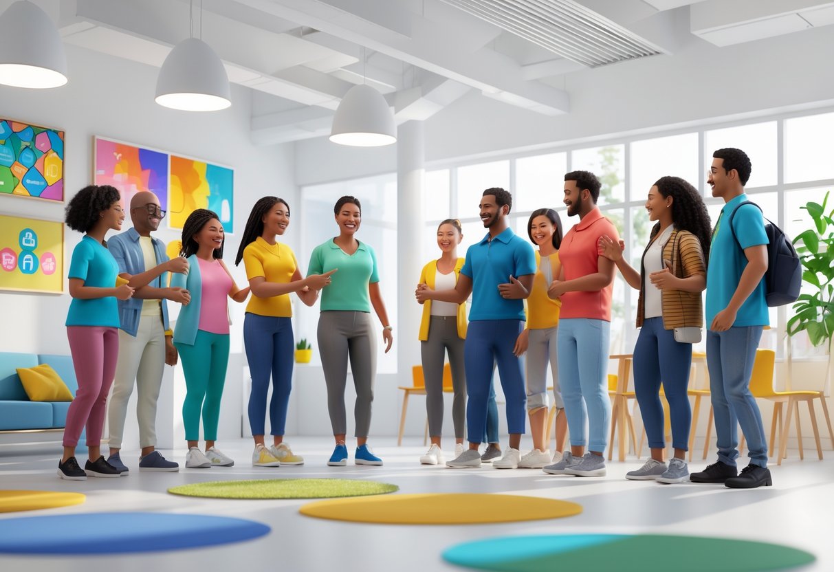 A diverse group of people interacting warmly in a bright community space that shows respect for different cultures and abilities.