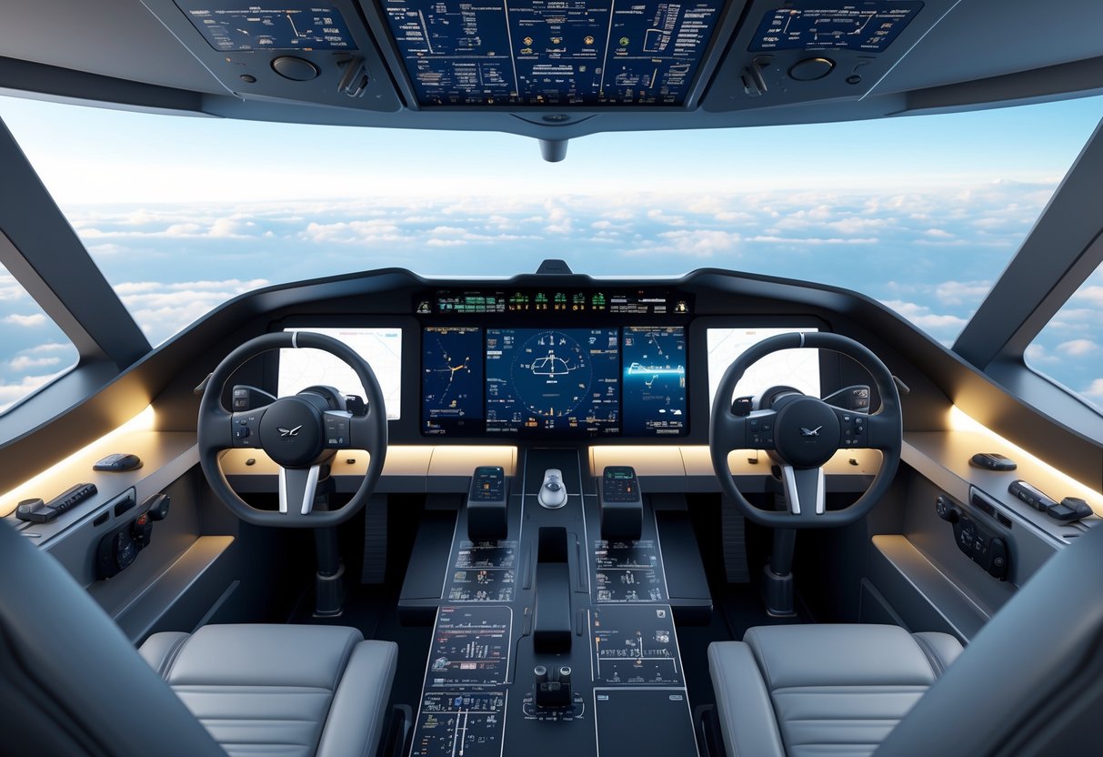 View of a modern aircraft cockpit with simplified controls and digital displays overlooking a clear blue sky.