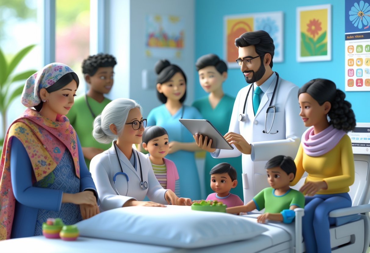 A group of healthcare workers and patients from different cultural backgrounds interacting kindly in a bright medical setting.