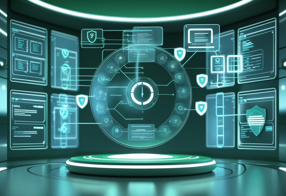 A futuristic control room with holographic screens and a central circular panel showing interconnected pathways representing regulatory processes and certification.
